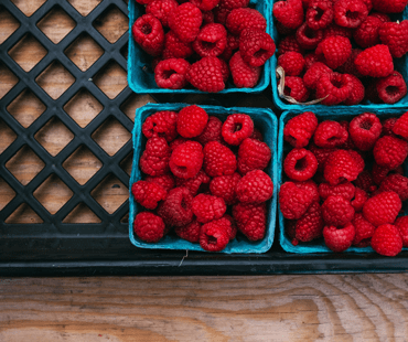 four small cartons filled with fresh raspberries